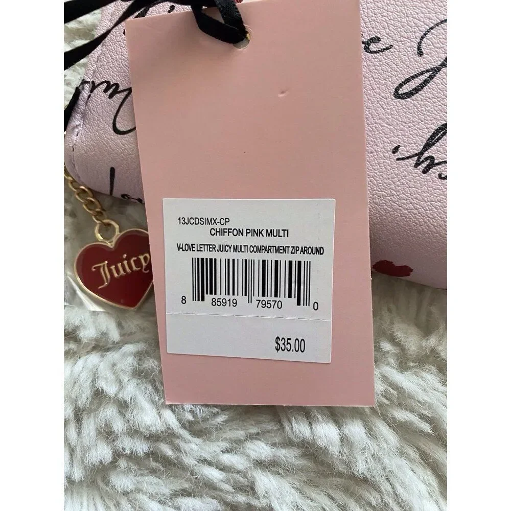 Juicy Couture V-Love Letter Multi Compartment Zip Around Wallet Chiffon Pink NEW